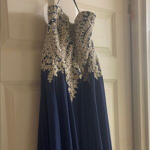 Strapless Elegant Navy and Gold Strapless Gown , with unnoticeable stitching